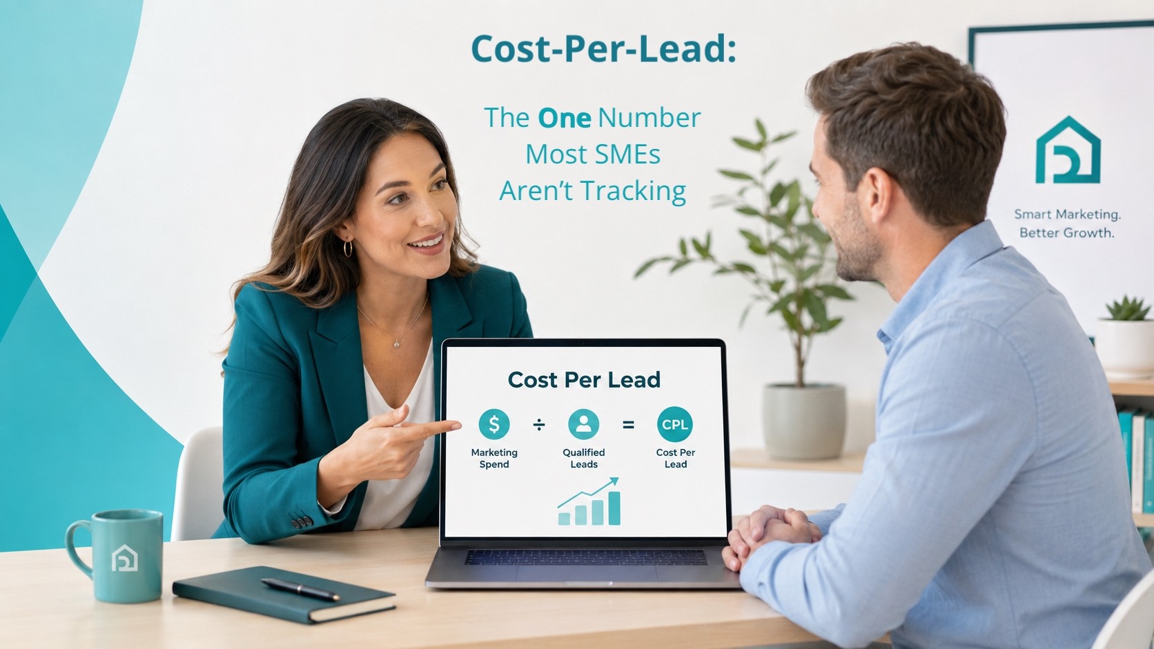 A Digital House marketing advisor explaining the Cost-Per-Lead formula to a business client, with Marketing Spend divided by Qualified Leads equals CPL shown on a laptop